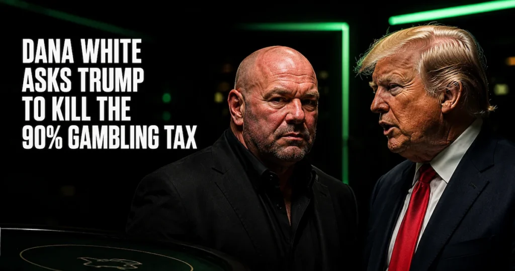 Dana White Asks Trump to Kill the 90% Gambling Tax Dana White and Donald Trump facing each other with text overlay reading Dana White Asks Trump to Kill the 90 Percent Gambling Tax