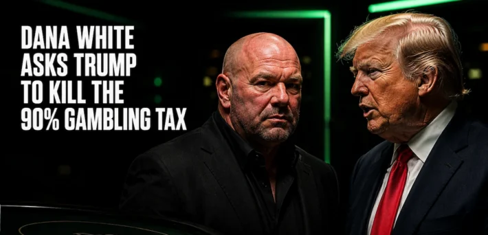 Dana White and Donald Trump facing each other with text overlay reading Dana White Asks Trump to Kill the 90 Percent Gambling Tax