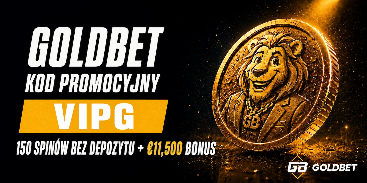 Baner kodu promocyjnego Goldbet VIPG z 150 spinami bez depozytu i bonusem €11,500, ze złotą monetą Goldbet Lion na czarnym tle