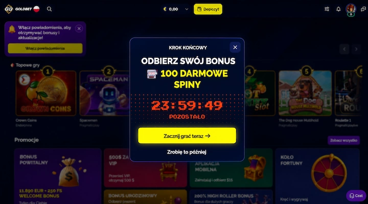 Wyskakujące okno Goldbet w języku polskim „Odbierz swój bonus 100 darmowe spiny” z licznikiem 23:59:49 pozostało i przyciskiem „Zacznij grać teraz”