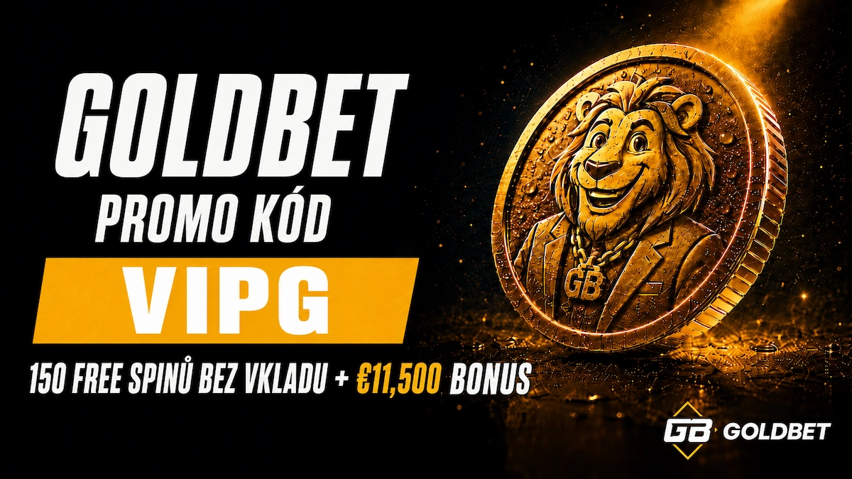Baner Goldbet promo kódu VIPG se 150 free spiny bez vkladu a bonusem €11,500, se zlatou mincí Goldbet Lion na tmavém pozadí