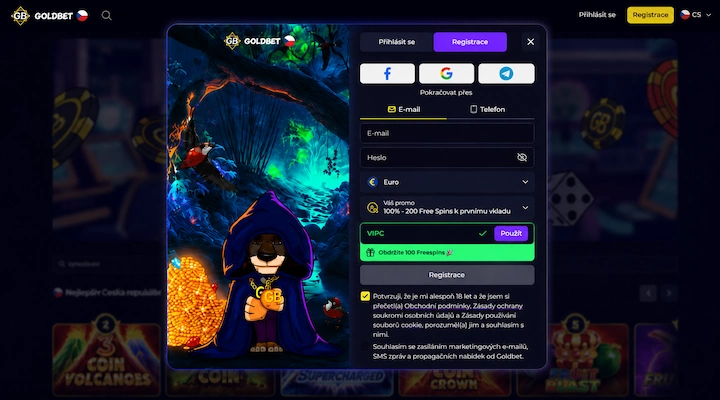 Registrační formulář Goldbet v češtině se zadaným promo kódem VIPG, zeleným zaškrtnutím a tlačítkem Použít, zelenou zprávou „Obdržíte 100 Freespins", s poli E-mail, Heslo a měnou Euro