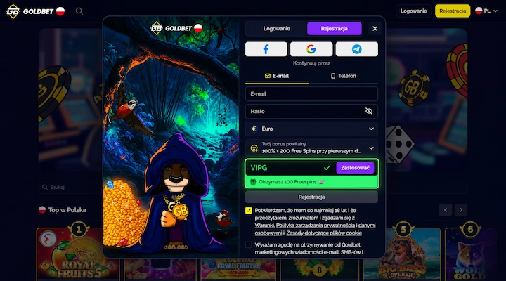 Formularz rejestracji Goldbet w języku polskim z wpisanym kodem promocyjnym VIPG, zielonym znacznikiem i komunikatem „Otrzymasz 100 Freespins”, z polami E-mail, Hasło i walutą Euro