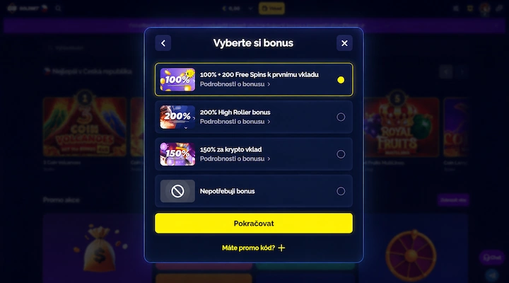 Obrazovka „Vyberte si bonus" v Goldbet v češtině s vybraným bonusem 100% + 200 Free Spins k prvnímu vkladu a možnostmi 200% High Roller bonus, 150% za krypto vklad a Nepotřebuji bonus, s tlačítkem Pokračovat a odkazem „Máte promo kód?"