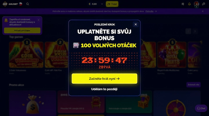 Vyskakovací okno Goldbet v češtině „Uplatněte si svůj bonus, 100 volných otáček" s nadpisem POSLEDNÍ KROK, odpočtem 23:59:47 ZBÝVÁ a tlačítkem „Začněte hrát nyní"