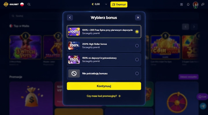 Ekran „Wybierz bonus” w Goldbet po polsku z zaznaczonym Bonusem powitalnym 100% + 200 Free Spins przy pierwszym depozycie oraz opcjami 200% High Roller i 150% za depozyt kryptowalutowy