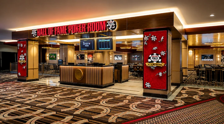 Hall of Fame Poker Room at Horseshoe Las Vegas Hall of Fame Poker Room entrance at Horseshoe Las Vegas with WSOP branding and tables visible inside