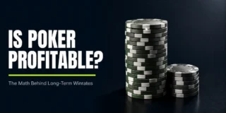 Two poker chip stacks of different heights on a dark surface representing the gap between winning and losing players, with the title Is Poker Profitable and the subtitle The Math Behind Long Term Winrates