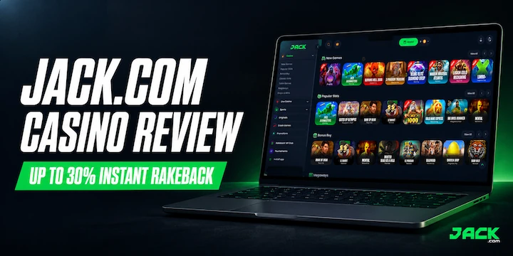 Jack.com Casino Review Jack.com casino review featured image showing the game lobby on a laptop with up to 30% instant rakeback