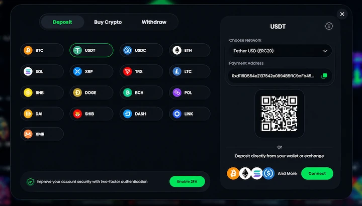 Jack.com crypto deposit Jack.com cashier showing 17 supported cryptocurrencies with USDT selected and network selection for ERC20