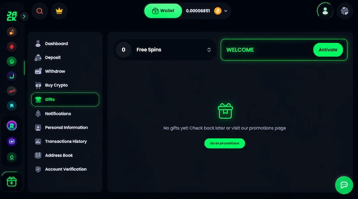 Jack.com free spins activation with WELCOME code Jack.com account Gifts page showing the WELCOME promo code entered in the free spins activation field with an Activate button and 0 Free Spins counter