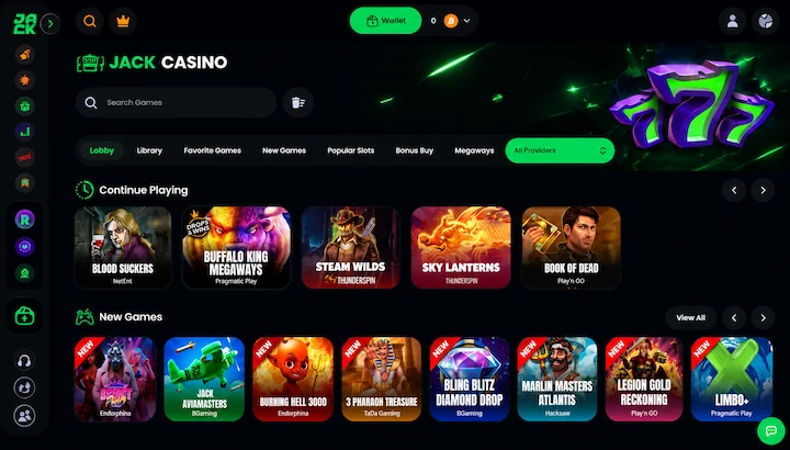Jack.com game lobby Jack.com casino lobby with search bar, category filters, and games from NetEnt, Pragmatic Play, and Play'n GO
