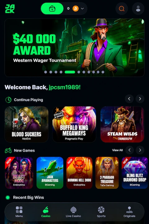 Jack.com mobile PWA Jack.com mobile progressive web app showing Western Wager tournament, game lobby, and bottom navigation