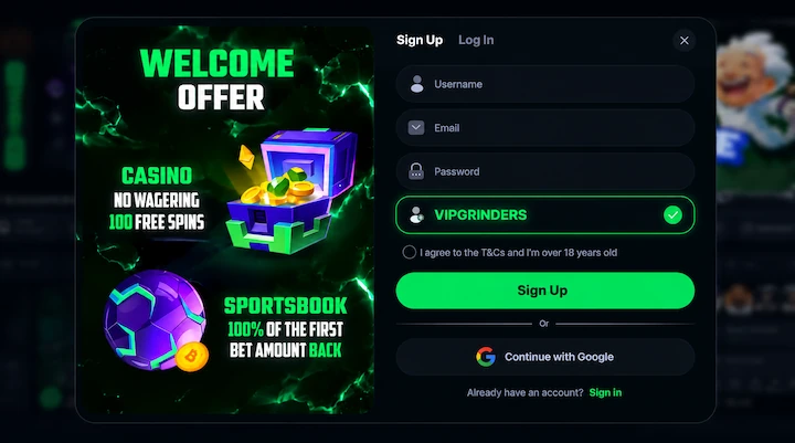 Jack.com registration form with referral code VIPGRINDERS Jack.com sign up form showing username, email, and password fields with VIPGRINDERS entered in the referral code field and a green checkmark confirming the code is accepted