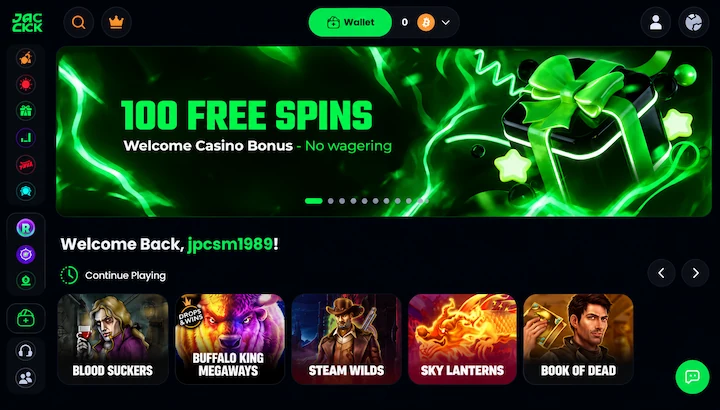Jack.com welcome bonus Jack.com homepage showing 100 Free Spins welcome casino bonus with no wagering
