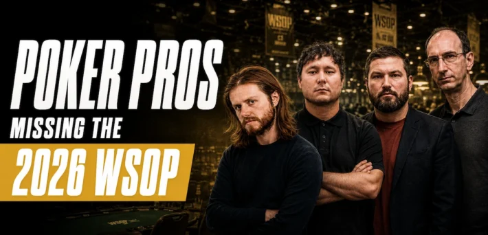 Four poker pros standing in front of a WSOP tournament room with text overlay reading Poker Pros Missing The 2026 WSOP featuring Charlie Carrel Jesse Yaginuma James Carroll and Erik Seidel
