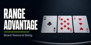 Range advantage featured image showing an Ace of clubs, 8 of diamonds, and 3 of hearts dealt face up on a dark felt poker table, representing board texture analysis for c-bet frequency and sizing decisions