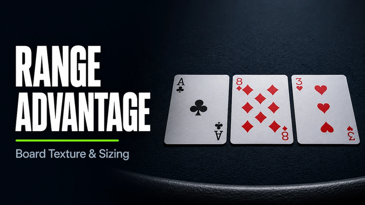 Range Advantage in Poker: Board Texture and Sizing Range advantage featured image showing an Ace of clubs, 8 of diamonds, and 3 of hearts dealt face up on a dark felt poker table, representing board texture analysis for c-bet frequency and sizing decisions