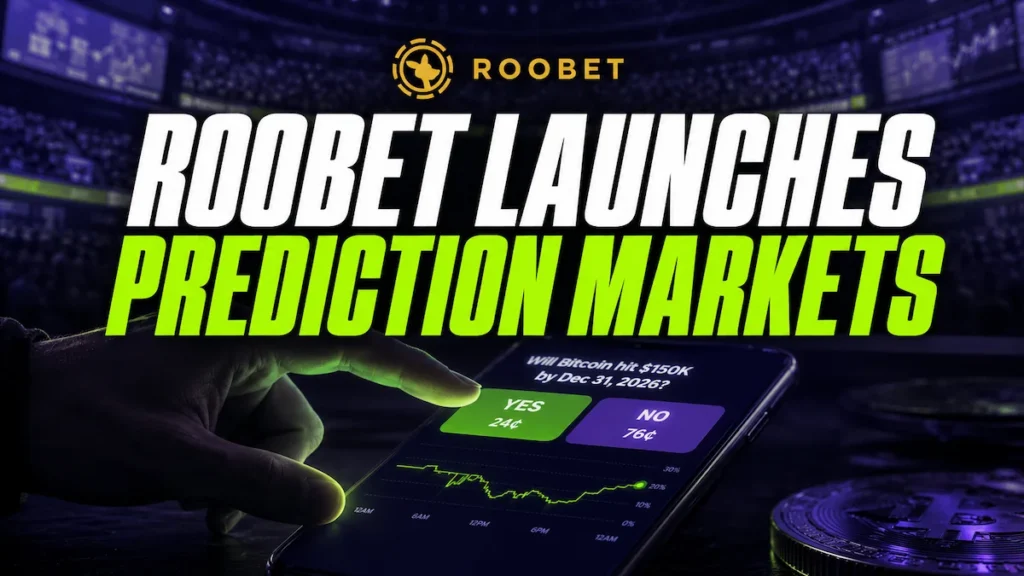 Roobet Launches Prediction Markets featured image showing a hand interacting with a mobile phone displaying Yes and No trading buttons at 24 cents and 76 cents with a prediction market price chart and Roobet logo above