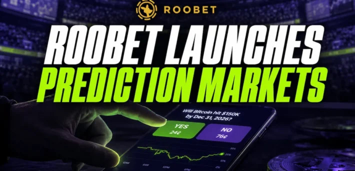 Roobet Launches Prediction Markets featured image showing a hand interacting with a mobile phone displaying Yes and No trading buttons at 24 cents and 76 cents with a prediction market price chart and Roobet logo above