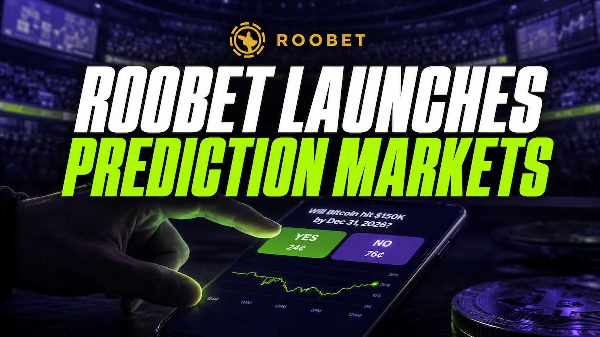 Roobet Launches Prediction Markets featured image showing a hand interacting with a mobile phone displaying Yes and No trading buttons at 24 cents and 76 cents with a prediction market price chart and Roobet logo above