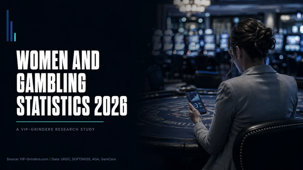 Women and Gambling Statistics 2026 Woman seated at a casino table reviewing gambling statistics on her phone, viewed from behind. Desaturated blue-grey tones with blurred casino floor in the background. Featured image for VIP-Grinders Women and Gambling Statistics 2026 research study.