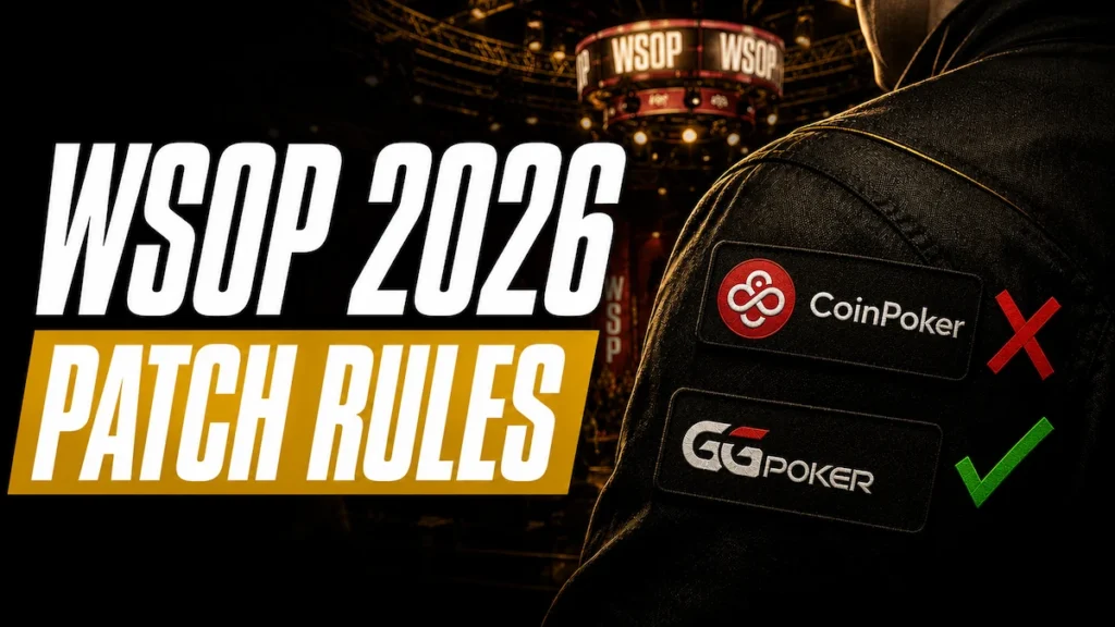 WSOP 2026 patch rules featured image showing CoinPoker patch denied with red X and GGPoker patch approved with green checkmark on a poker player jacket at the World Series of Poker