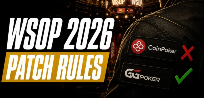 WSOP 2026 patch rules featured image showing CoinPoker patch denied with red X and GGPoker patch approved with green checkmark on a poker player jacket at the World Series of Poker