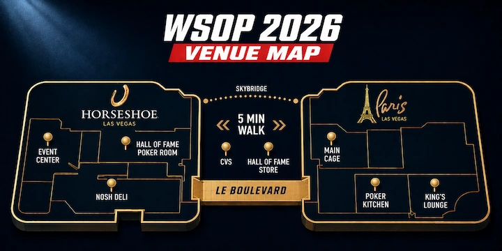 WSOP 2026 venue map of Horseshoe and Paris Las Vegas WSOP 2026 venue orientation map showing Horseshoe and Paris Las Vegas connected by Le Boulevard walkway with key locations marked