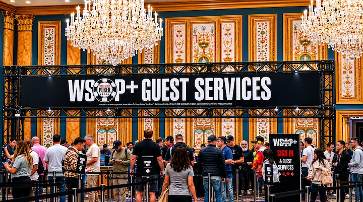WSOP registration and identity verification at the Versailles Ballroom WSOP+ Guest Services registration queue inside the Versailles Ballroom at Paris Las Vegas