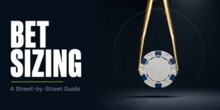Bet sizing strategy featured image showing a poker chip held precisely in brass tweezers above a dark surface, representing the surgical precision required to choose the right bet size