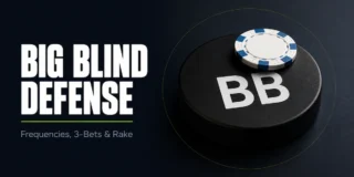 Big blind defense featured image showing a black BB puck with a white poker chip placed on top representing the posted blind, illustrating the big blind position and the discount that drives every defense decision