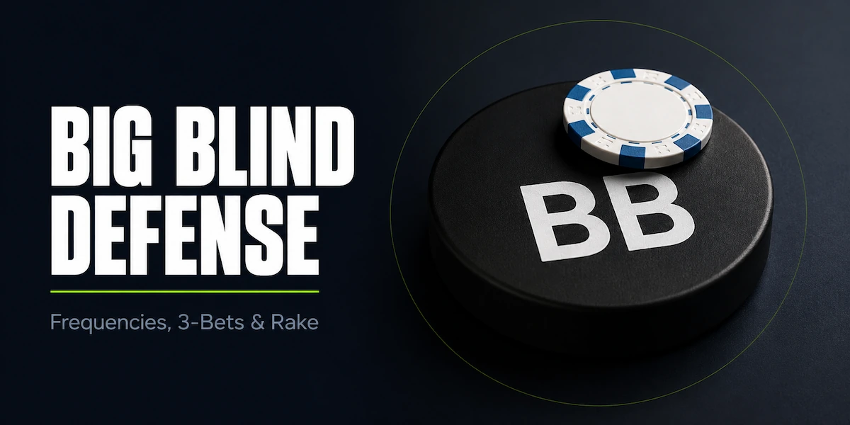 Big blind defense featured image showing a black BB puck with a white poker chip placed on top representing the posted blind, illustrating the big blind position and the discount that drives every defense decision