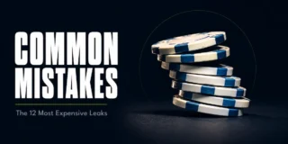 Common poker mistakes featured image showing a crooked, unstable stack of poker chips leaning to one side on a dark surface, representing the structural leaks that compound and undermine a player's win rate