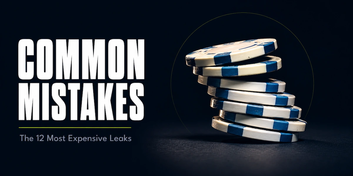 Common poker mistakes featured image showing a crooked, unstable stack of poker chips leaning to one side on a dark surface, representing the structural leaks that compound and undermine a player's win rate