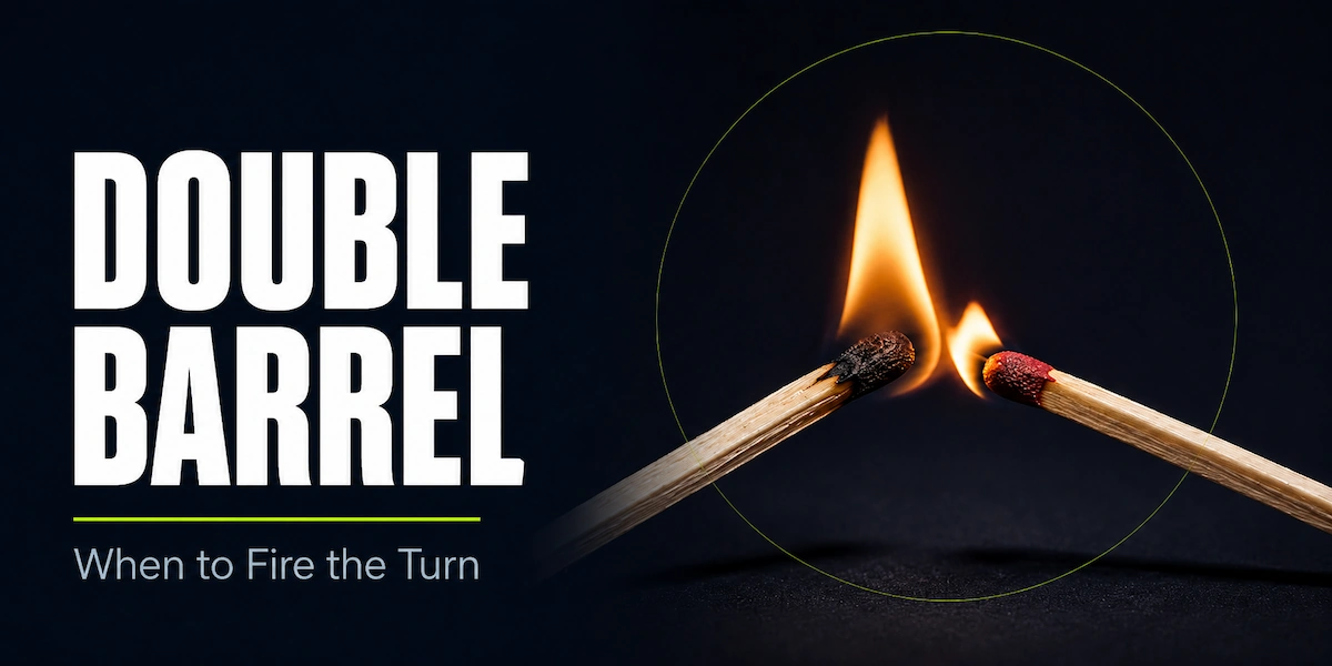 Double barreling strategy featured image showing two wooden matchsticks with one already burning and the second catching fire from the first, representing how the flop continuation bet leads into the turn double barrel