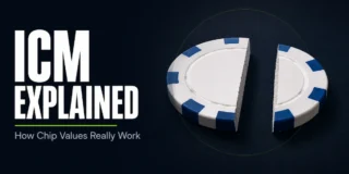 ICM in poker featured image showing a single poker chip cut cleanly into two halves separated by a gap on a dark surface, representing the asymmetry where a chip lost is worth more than a chip gained in a tournament