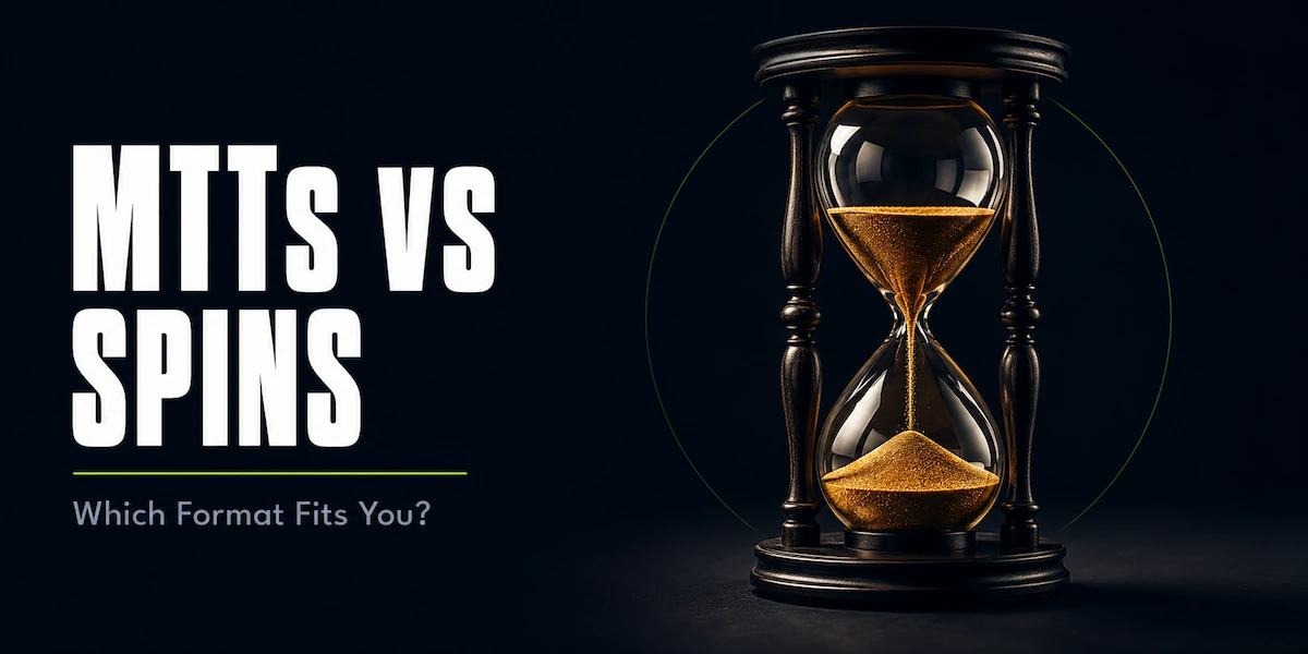 MTTs vs Spin & Gos MTTs vs Spin and Gos featured image showing a classic hourglass with golden sand flowing on a dark surface, representing the time commitment that is the central difference between multi-table tournaments and Spin and Go games