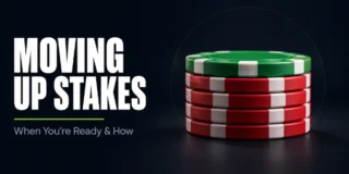 Moving up stakes featured image showing a stack of red poker chips with a single green poker chip on top representing the transition from one stake level to the next