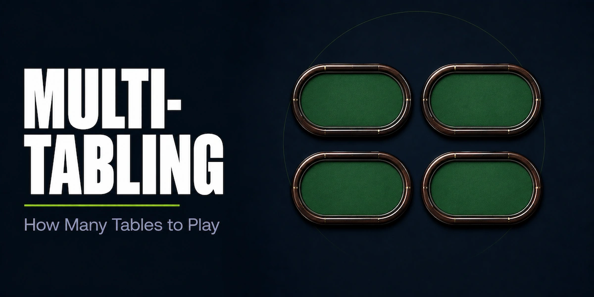 Multi-Tabling Online Poker Multi-tabling featured image showing four miniature green felt poker tables arranged in a 2x2 grid on a dark background, representing the tiled table layout that online poker grinders use when playing multiple tables simultaneously