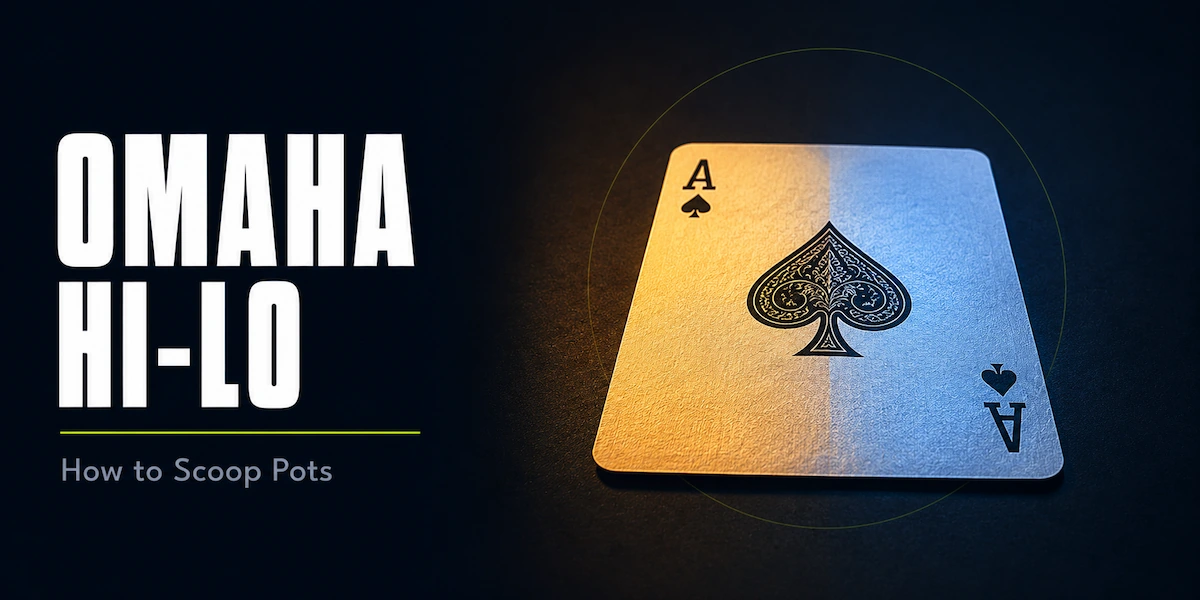 Omaha Hi-Lo Strategy Omaha Hi-Lo strategy featured image showing a single Ace of spades card lit by warm golden light on one side and cool blue light on the other, representing how the Ace plays as both the highest and lowest card in the split-pot format