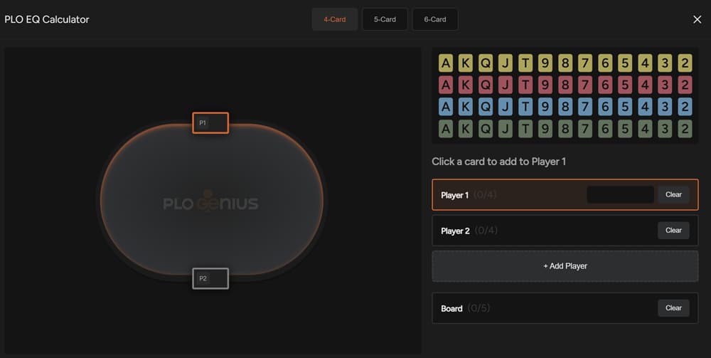 PLO EQ Calculator **SEO Alt Text:** `PLO EQ Calculator interface for 4-card Omaha poker showing player hand inputs, board selection, and card grid`