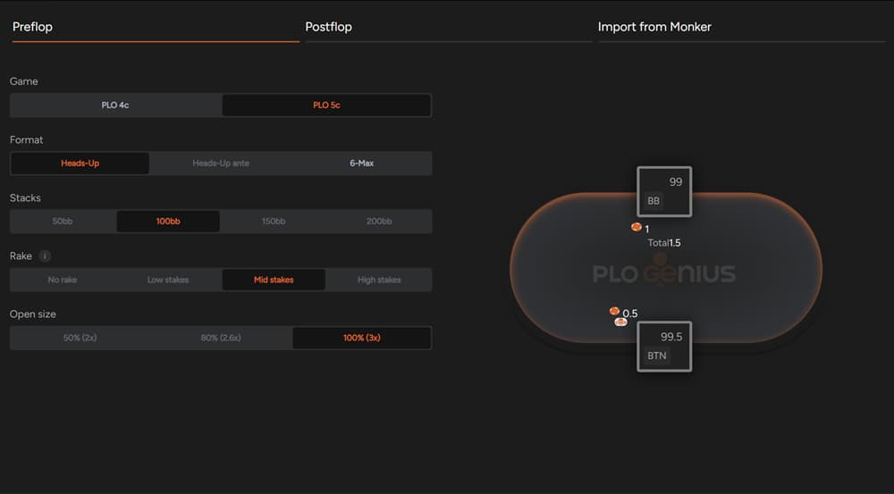 PLO Genius Trainer PLO Genius Trainer preflop setup screen for 5-card PLO heads-up strategy with 100bb stacks, mid-stakes rake, and 3x open size