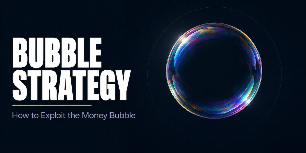 Poker Bubble Strategy Poker bubble strategy featured image showing a single iridescent soap bubble floating in dark space, representing the fragile moment in a tournament where one elimination separates all remaining players from the money