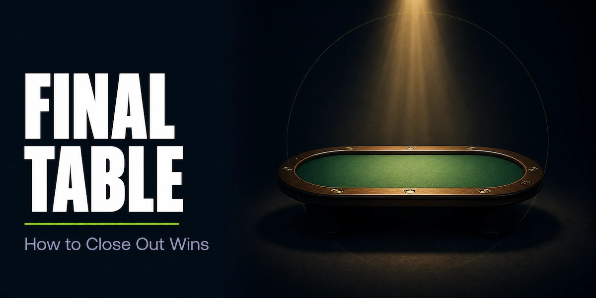 Poker Final Table Strategy Poker final table strategy featured image showing a single green felt poker table illuminated by a dramatic spotlight against a dark background, representing the final table as the center stage moment of any tournament