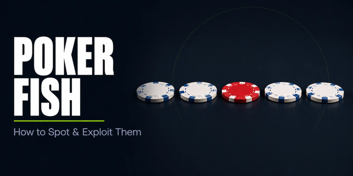 What Is a Fish in Poker Poker fish guide featured image showing a row of five poker chips with four white chips and one red chip in the center, representing the fish as the player who stands out from the regulars at the table