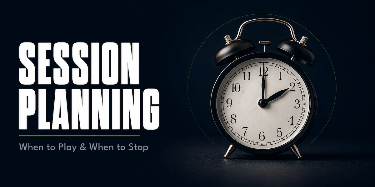 Session management featured image showing a classic alarm clock on a dark surface, representing the structured time management approach to poker session planning including when to play and when to stop