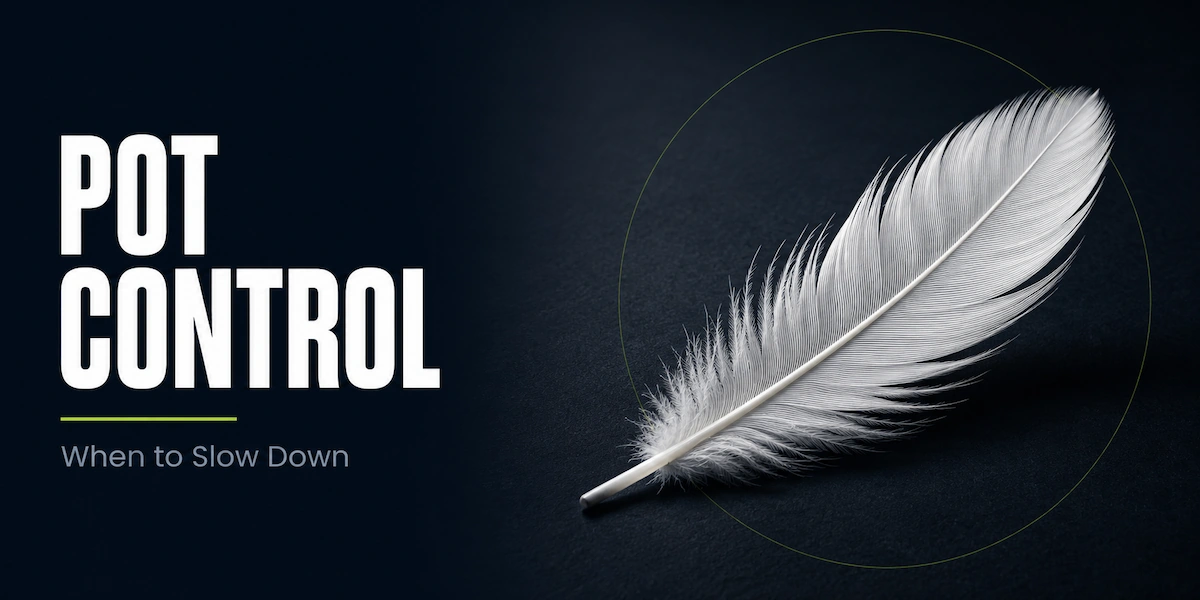 Pot control strategy featured image showing a single white feather resting on a dark surface, representing the deliberate restraint and light touch approach of checking back with medium-strength hands instead of building a big pot