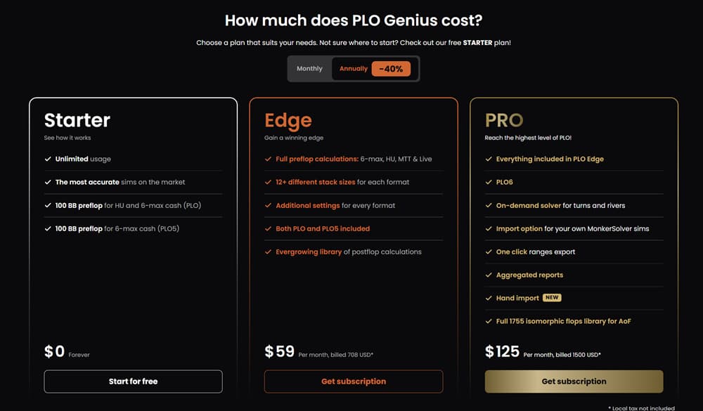 Pricing Plans PLO Genius pricing plans comparison showing Starter, Edge, and Pro subscription options with annual discount and PLO training features