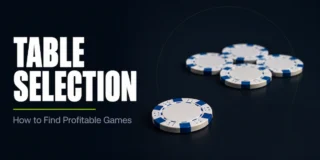 Table selection featured image showing one poker chip separated from a cluster of five chips on a dark surface, representing the choice of selecting the most profitable table from a lobby full of options